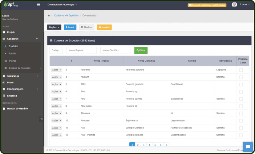 SPFWeb cadastros de espécies - Inventário Florestal